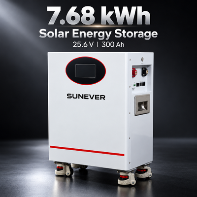 SUNEVER 7.68kWh 25.6V 300Ah LiFePO4 Lithium Solar Battery for Home Energy Storage and Off-Grid Backup Power
