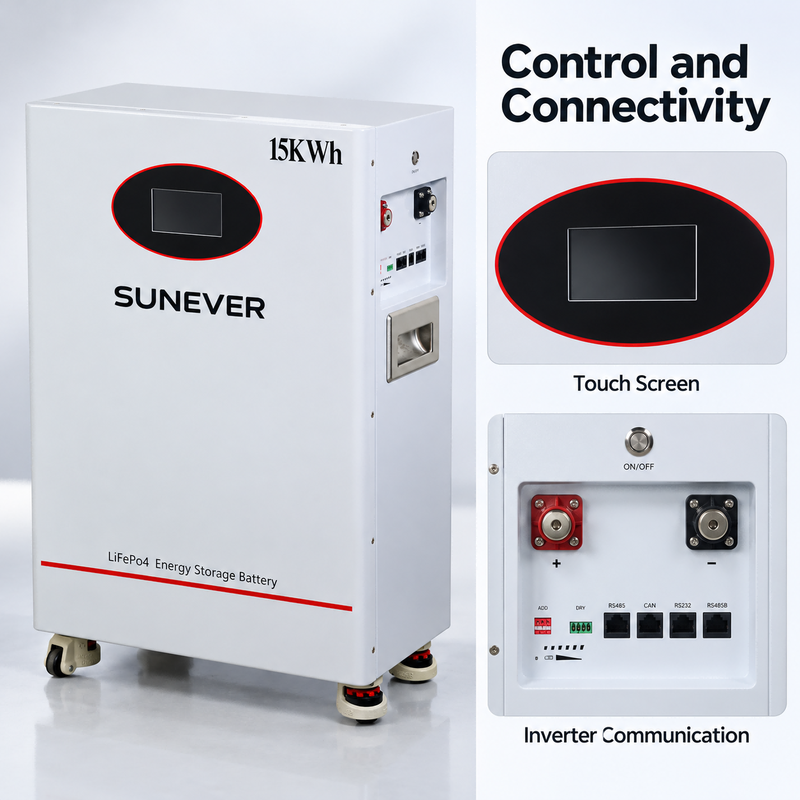SUNEVER TD-15 51.2V 300Ah LiFePO4 Solar Storage Battery 15.36kWh 200A CAN RS485 Floor Standing